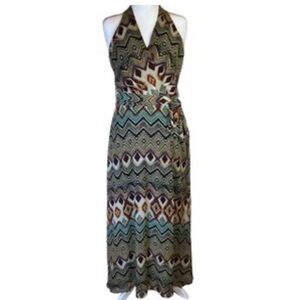 Chetta B Boho Chevron Maxi Dress Sleeveless Tan Orange Turquoise Blue Red 10
